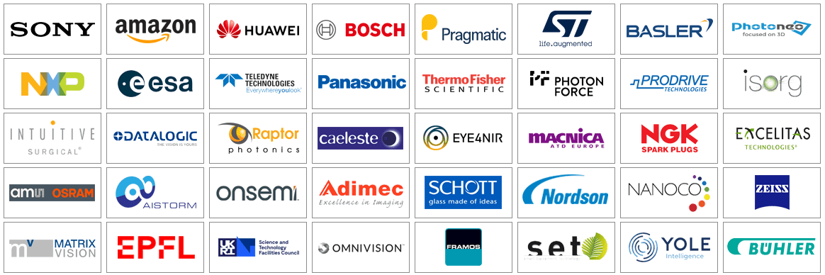 Companies attending Image Sensors Europe 2023; includes SONY, Amazon, Huawei, Bosch, Pragmatic, STMicroelectronics, Basler, Photoneo, NXP, European Space Agency, Panasonic, Teledyne, ThermoFisher, Photon Force, Intuitive Surgical, Raptor Photonics, Datalogic, EPFL, AIStorm, SCHOTT, Framos & more