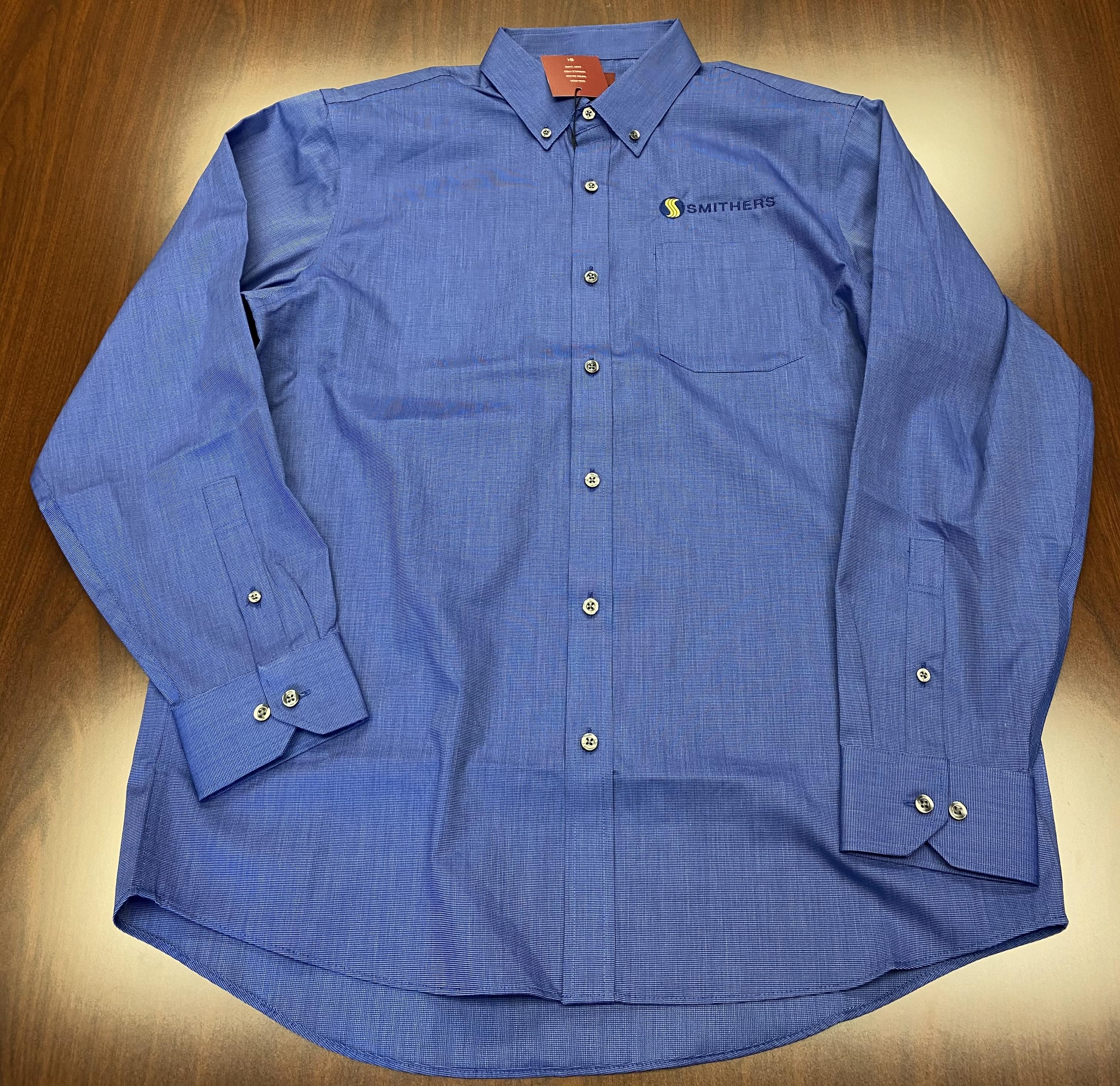 photo of blue men's dress shirt with multicolor Smithers logo